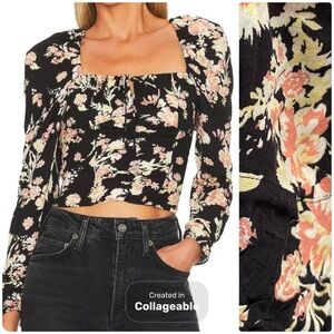 Free People Floral Coquette Square Neck Top Smocked Boho Feminine Puff Sleeve